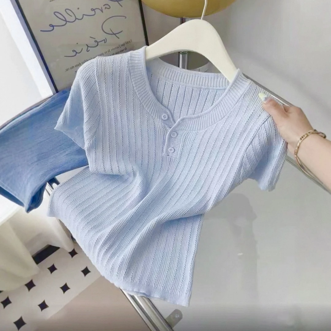 蓝色温柔气质针织短袖t恤女2025夏季新款设计感圆领正肩显瘦上衣