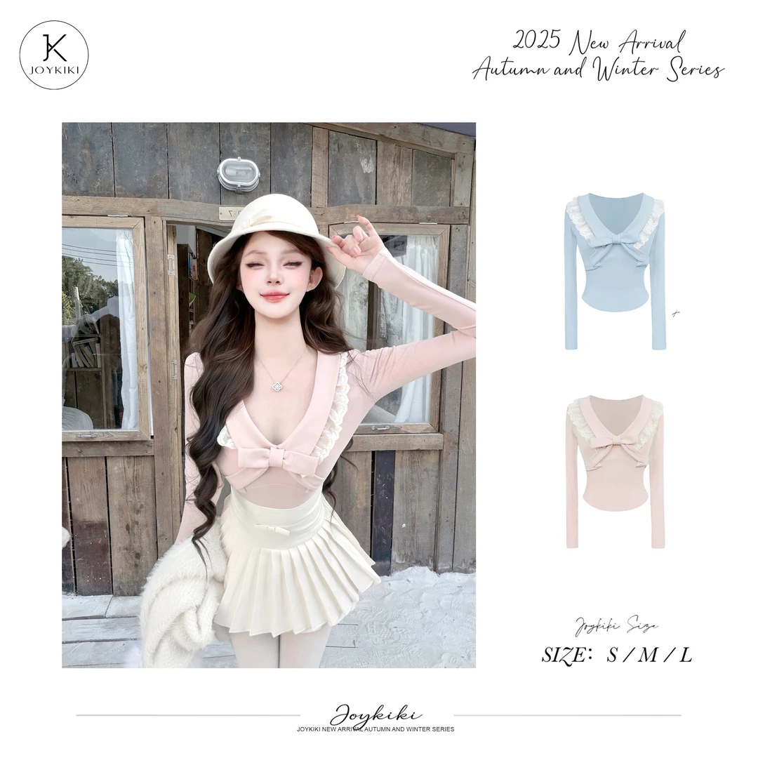 JOY KIKI鹅了么【芭比音乐盒】秋冬磨毛蕾丝拼接修身弹力T恤J25D252