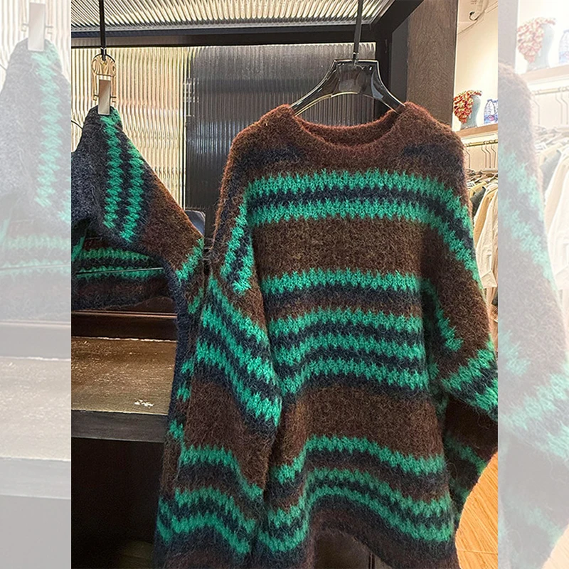 超好看单穿上衣早秋慵懒高级感宽松休闲套头咖绿色条纹毛针织衫女