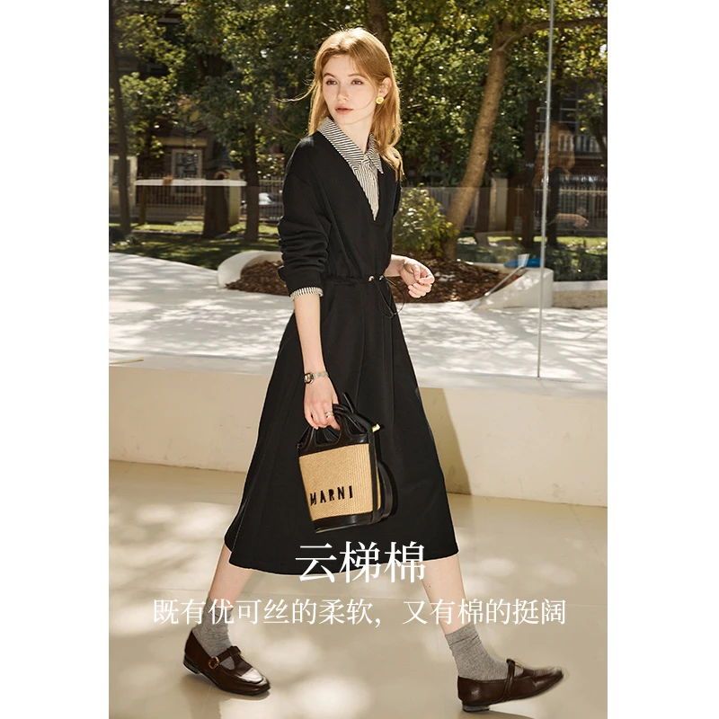 库恩玛维韩版假两件连衣裙女2025年早春新款ins风收腰拼接连身裙