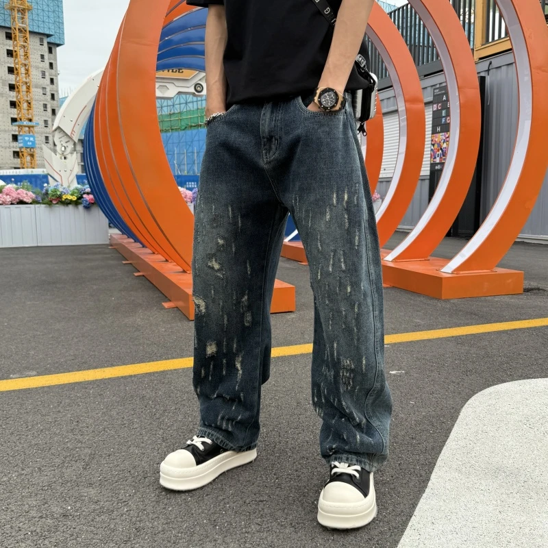 男士阔腿裤流行新款休闲裤2025秋冬日系小男式中腰复古阔腿牛仔裤