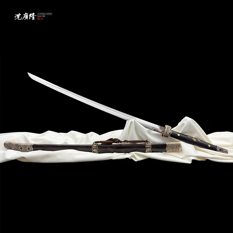 龙泉沈广隆-丁白缨 T12 镜面 黄铜 黑檀木 宝剑 未开刃