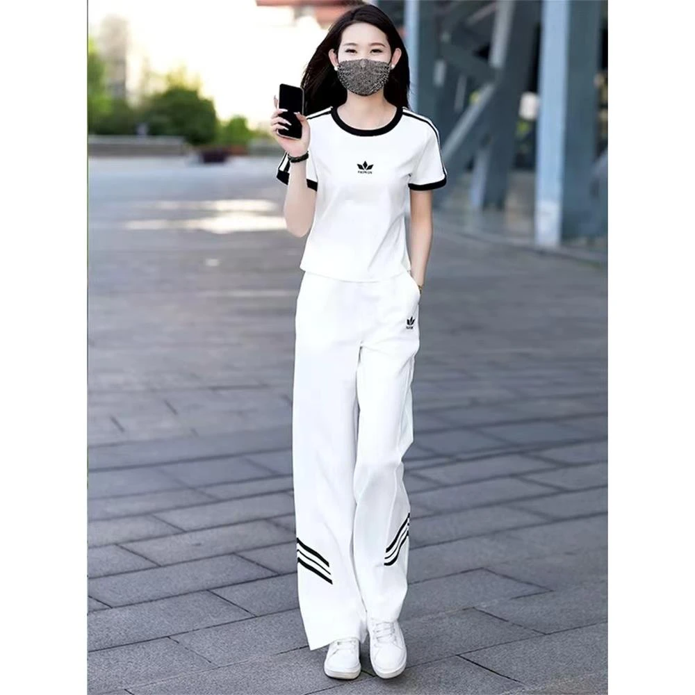 休闲运动套装女夏季2025新款时尚气质显瘦冰丝短袖阔腿裤服两件套