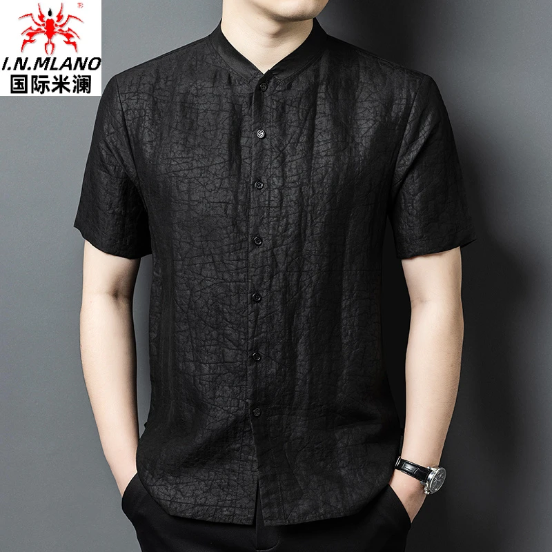 龟裂纹新中式100%桑蚕丝中国风香云纱唐装男短袖真丝中国风衬衫男