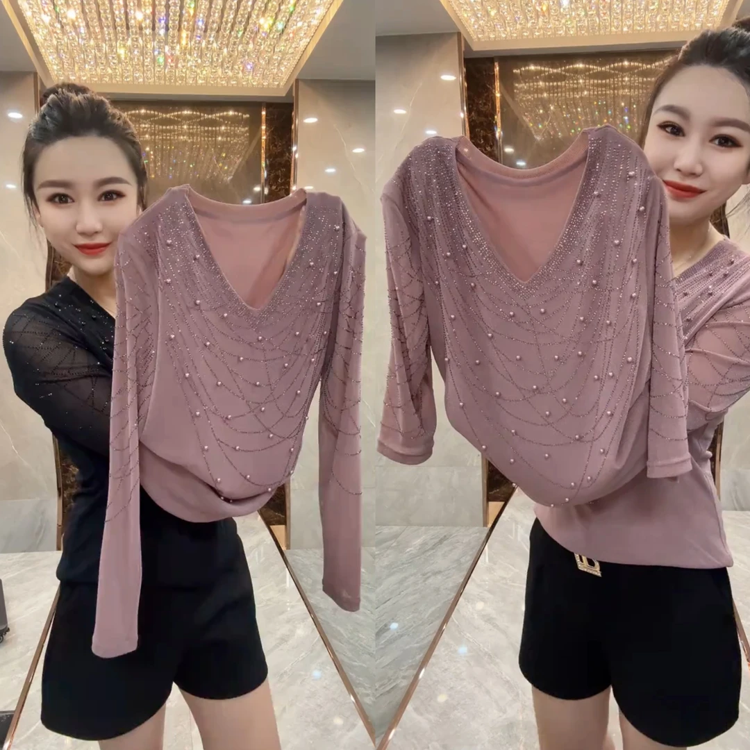 【早秋风】女士镶钻奶茶系针织烫钻V领长袖T恤套装秋冬重工拼接气质