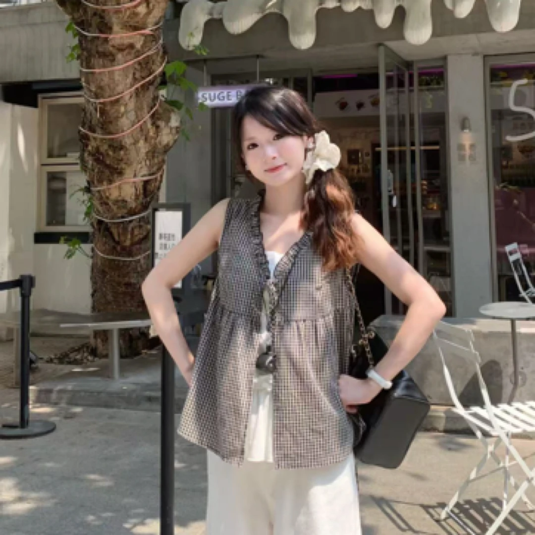 运补-小个子设计感小众复古甜系叠穿设计木耳裙摆吊带+半开襟衬衫