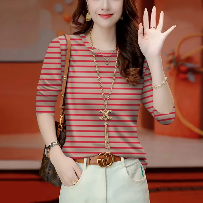 春秋新款条纹长袖t恤女装大码宽松遮肚显瘦妈妈装圆领上衣时尚