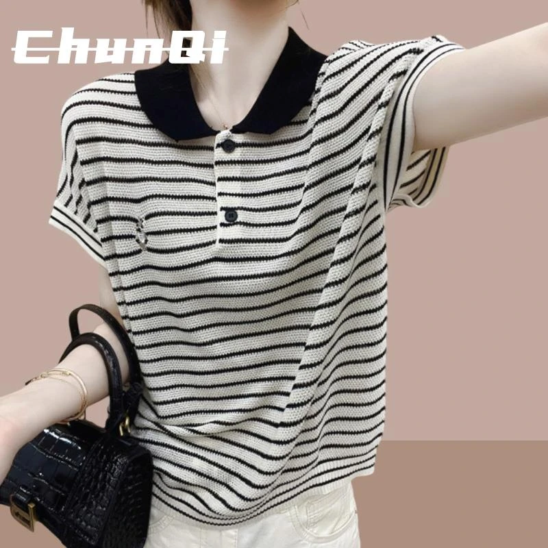 淳启流行冰丝短袖夏季条纹t恤女小兔刺绣撞色纽扣polo领针织衫薄