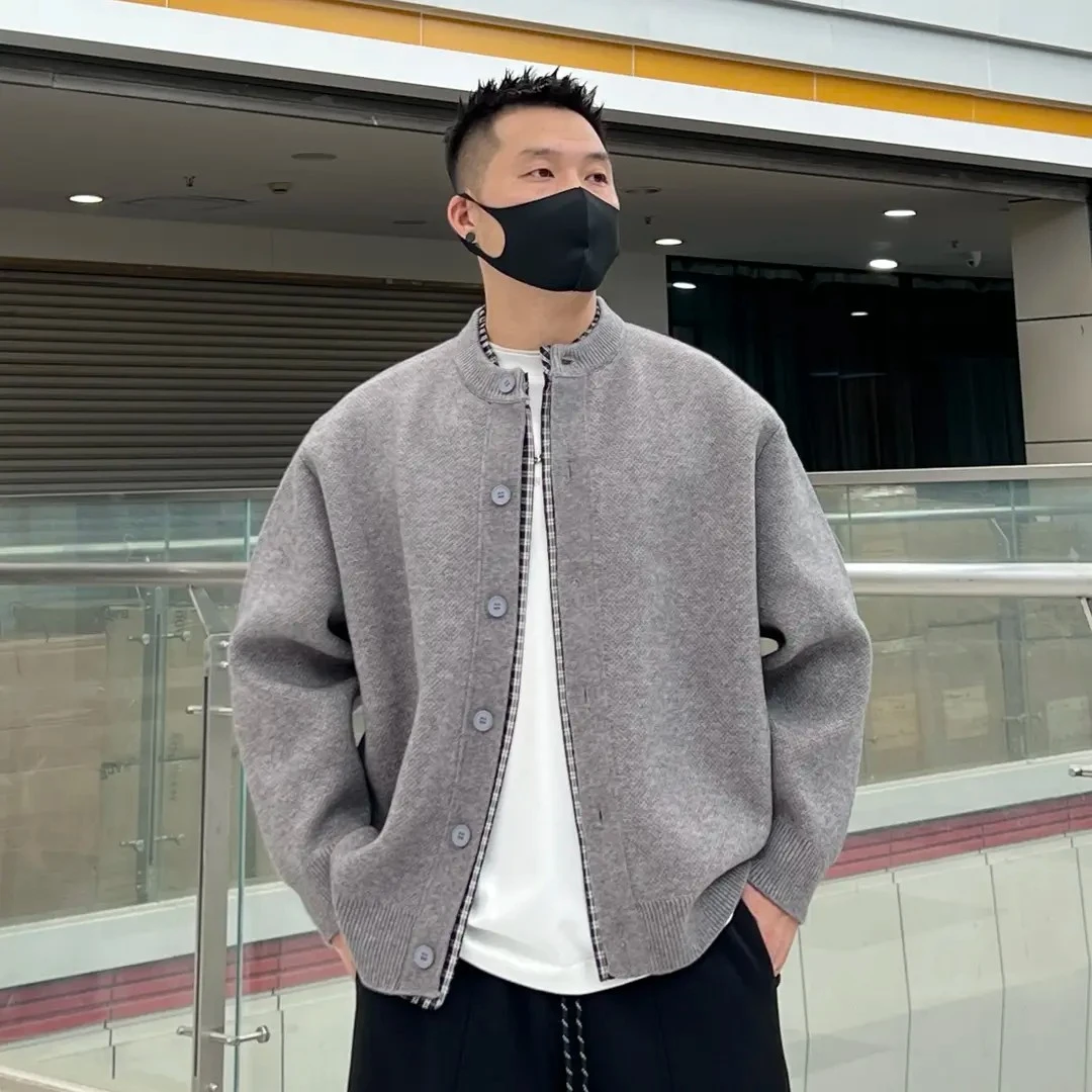 秋季新款假两件层次穿搭圆领韩系情侣款百搭针织毛衣开衫外套