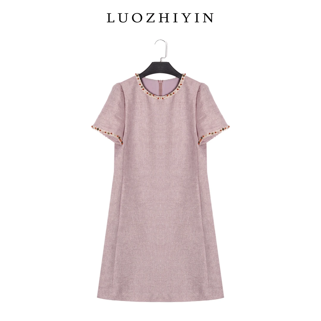 LUOZHIYIN/罗知音D110218F夏季圆领短袖连衣裙收腰中款气质裙子