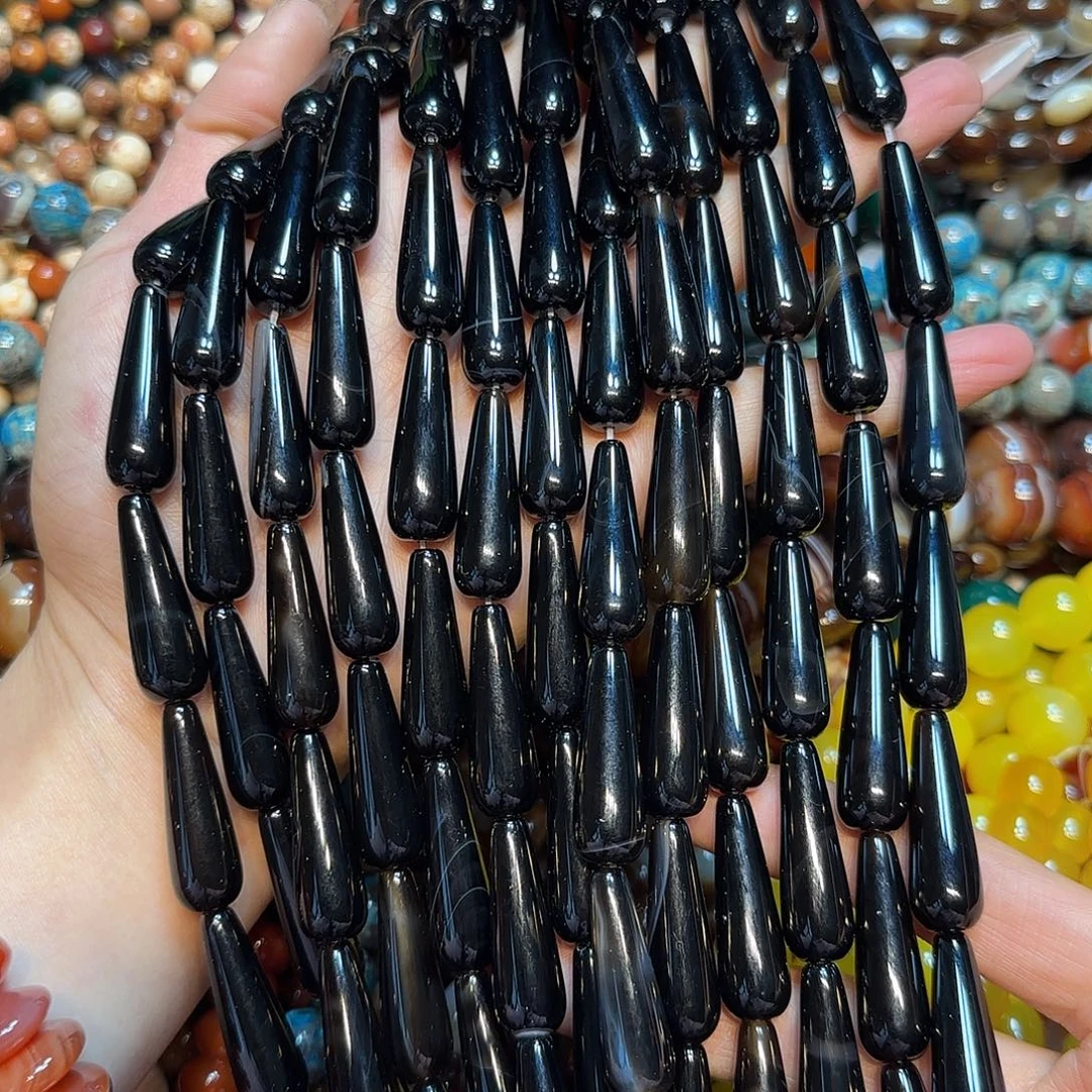 玛瑙/玉髓未镶嵌珠宝半成品黑玛瑙大水滴一条10✖️30mm