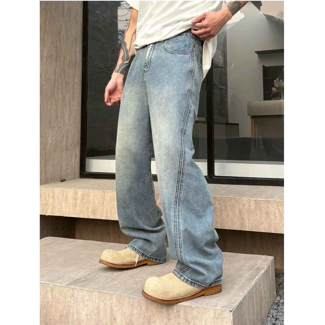 ARUI夏季美式个性水洗牛仔宽松百搭高街直筒设计感牛仔裤