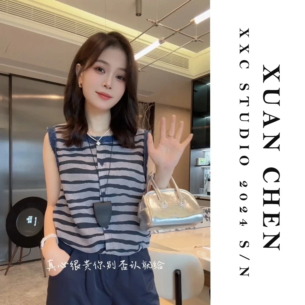 【暮色】设计感小众条纹衬衫韩版百搭薄款女士百搭无袖衬衣#3175