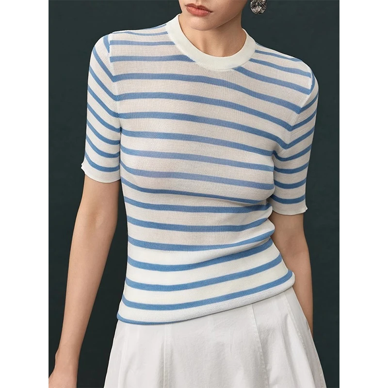 法式蓝色条纹针织正肩T恤女夏季薄款冰丝体恤设计感小众撞色上衣
