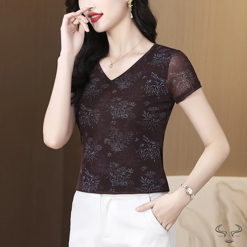 20256339T恤女大码网纱印花双层打底衫女短袖上衣洋气小衫