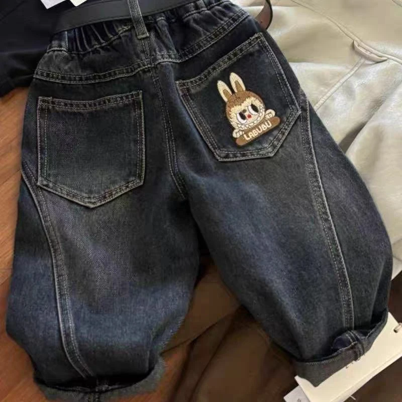 男童拉布布牛仔裤春秋款男宝宝长裤深色刺绣男孩休闲裤儿童裤子潮