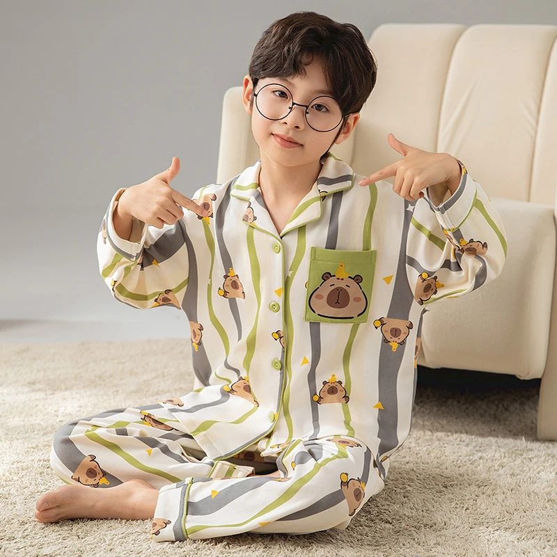 儿童睡衣春秋季纯棉吸汗卡通青少年长袖宝宝帅气中大童家居服套装