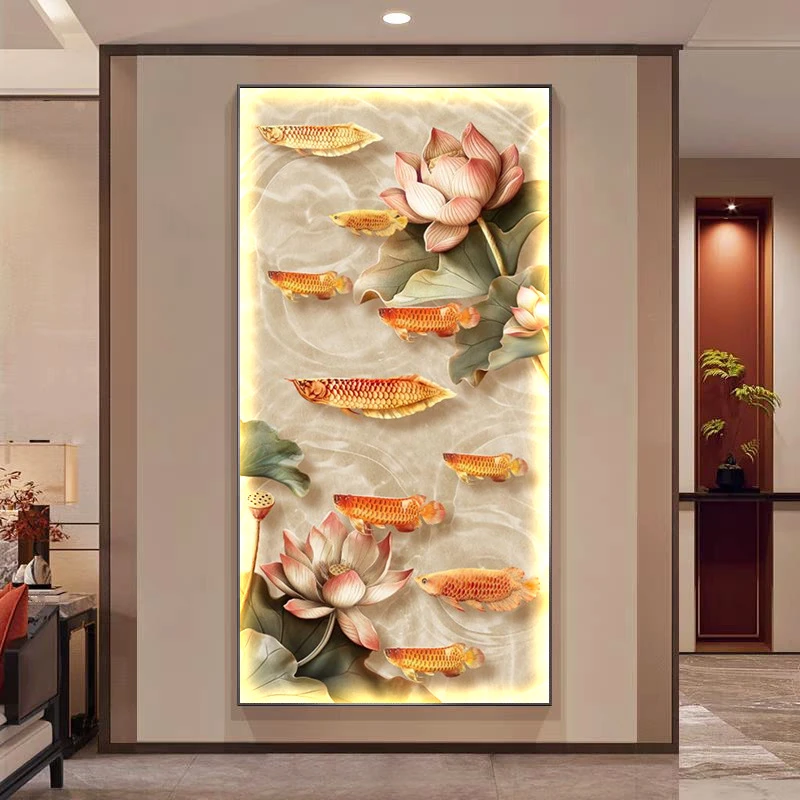 九鱼图玄关装饰画荷花新中式入户正对门寓意好挂画高级感走廊壁画