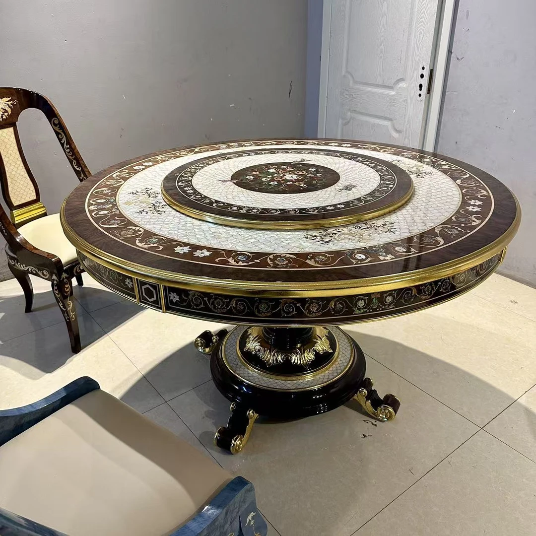 法式实木餐桌木皮拼花贝壳镶嵌1.36米餐桌卡斯帕尼系列餐桌