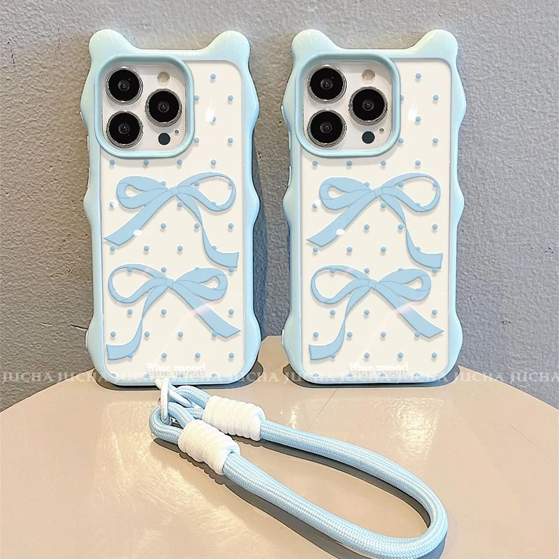 蓝色蝴蝶结适用苹果16plus手机壳小众简约华为mate70pro小众荣耀