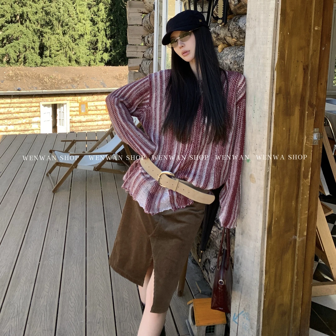 【配色美妙～chao显瘦】 慵懒风条纹针织衫女宽松显瘦百搭毛衣