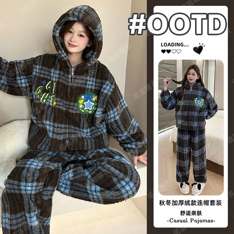 冬季睡衣女士格子半边绒连帽套装保暖加绒加厚珊瑚绒家居服可外穿