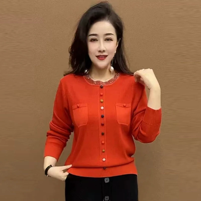妍时尚气质中年妈妈装烫钻打底冰麻针织秋冬长袖宽松遮肉烫钻毛衣