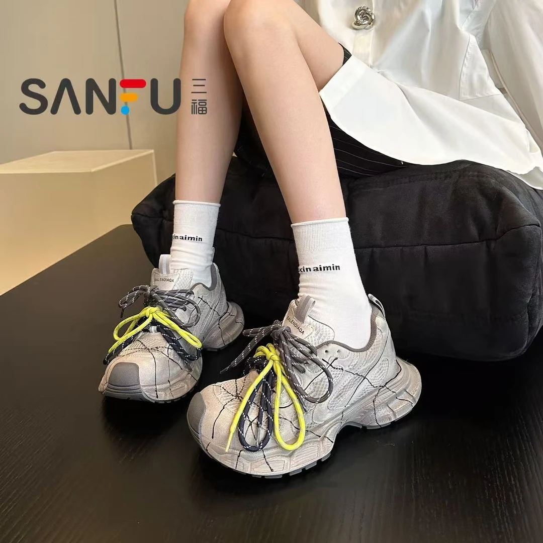 三福小众2025欧货高级感配阔腿裤擦色做旧厚底老爹鞋女鞋运动鞋子