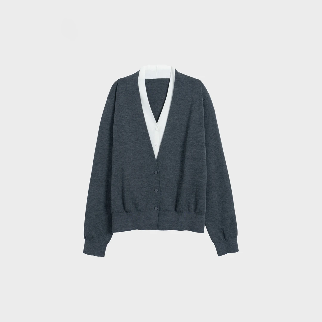 秋冬百搭V领假两件绵羊毛针织衫 79-25102801