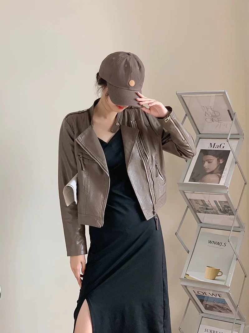 皮衣外套女韩版拉链立领短款百搭机车服pu皮夹克潮5133# 衣长53