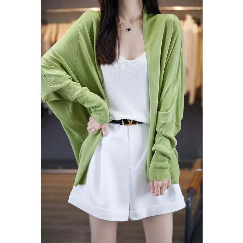 中长款冰丝蝙蝠袖防晒开衫女宽松休闲针织长袖外套薄洋气披肩上衣