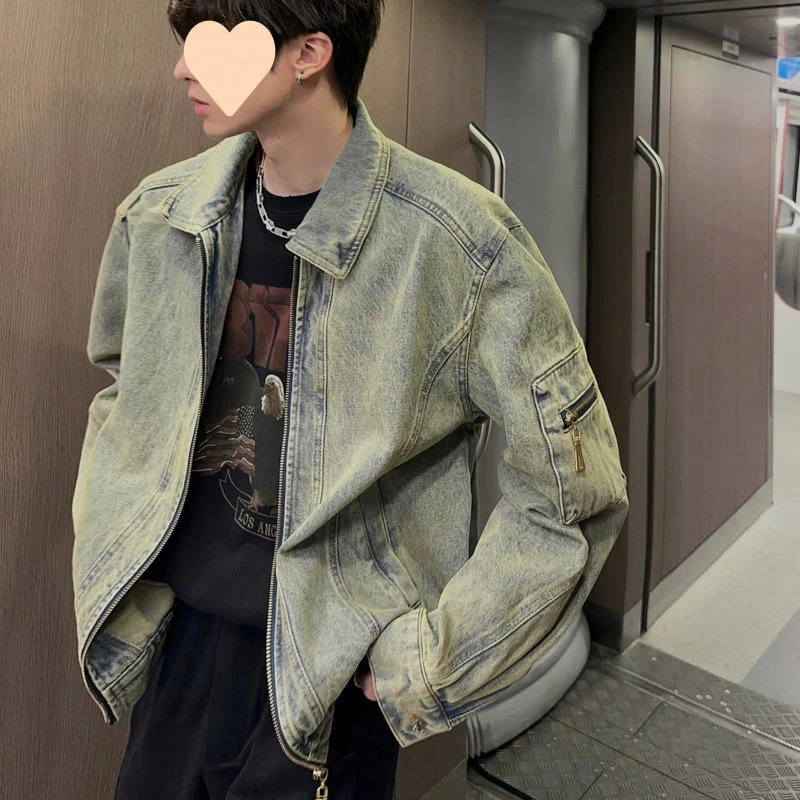 做旧水洗牛仔夹克男士春秋季新款痞帅高街外套美式情侣翻领上衣潮