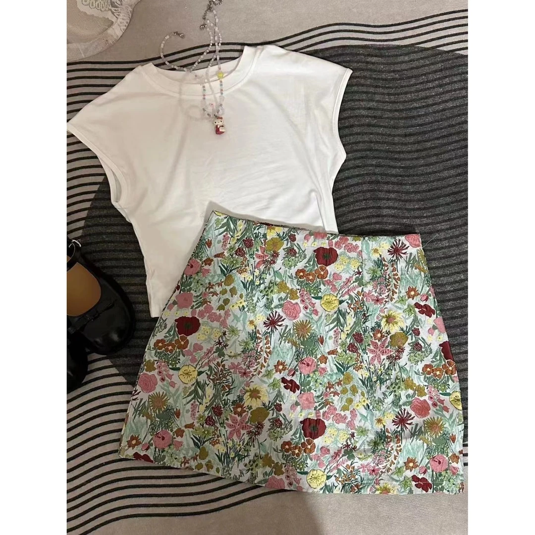 套装女夏季新款修身圆领上衣高腰显瘦提花半身裙两件套潮