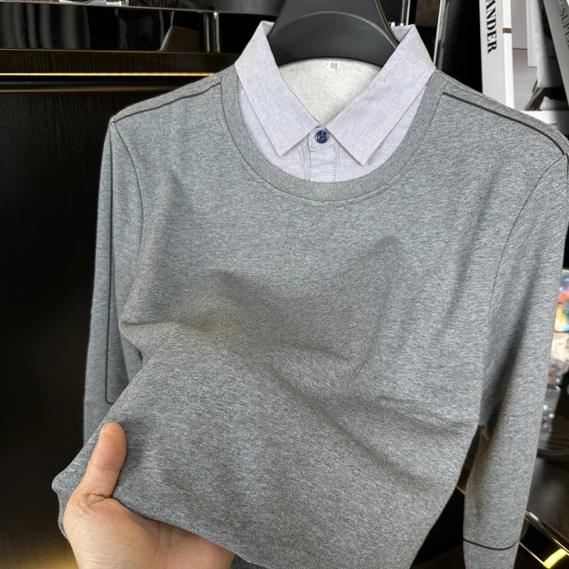 CATIA SELI春秋冬季全棉男士卫衣假两件套头长袖T恤上衣运动休闲