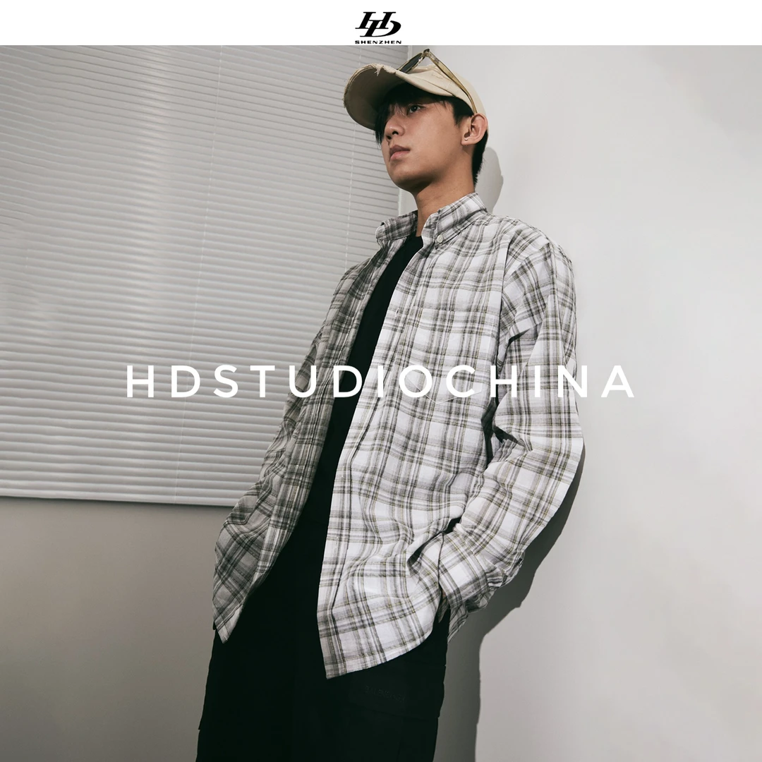 HDCHINA[皓银白]格纹秋冬服装免烫抗皱衬衫百搭宽松老钱衬衫男装