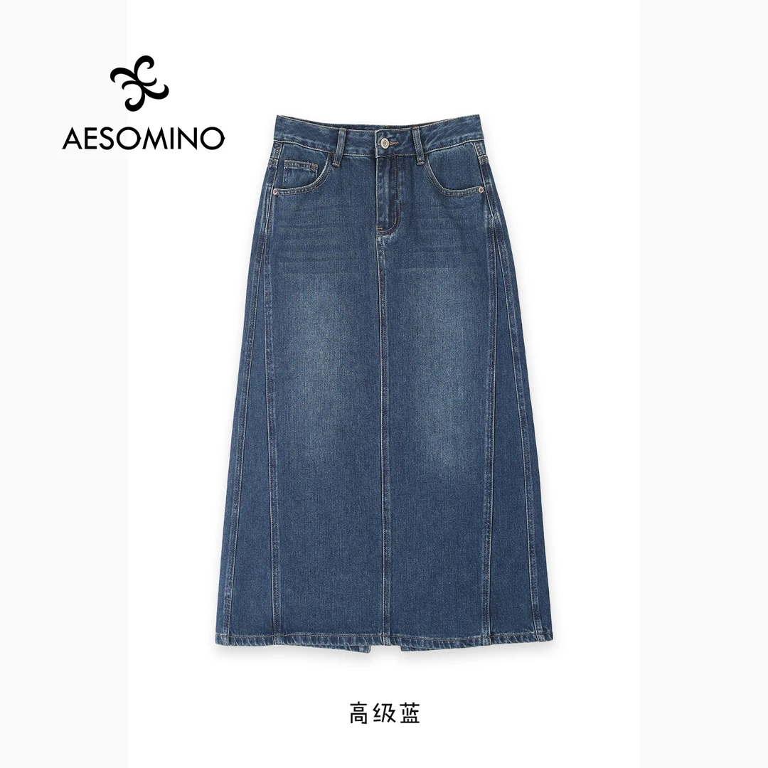 秋季纯棉牛仔裙女 百搭A字中长裙显瘦高腰开叉半身裙子Y062BABVQ
