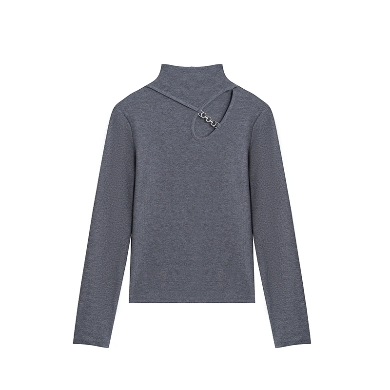 【小心机】高领破洞链子拼接显瘦百搭长袖T恤A2755