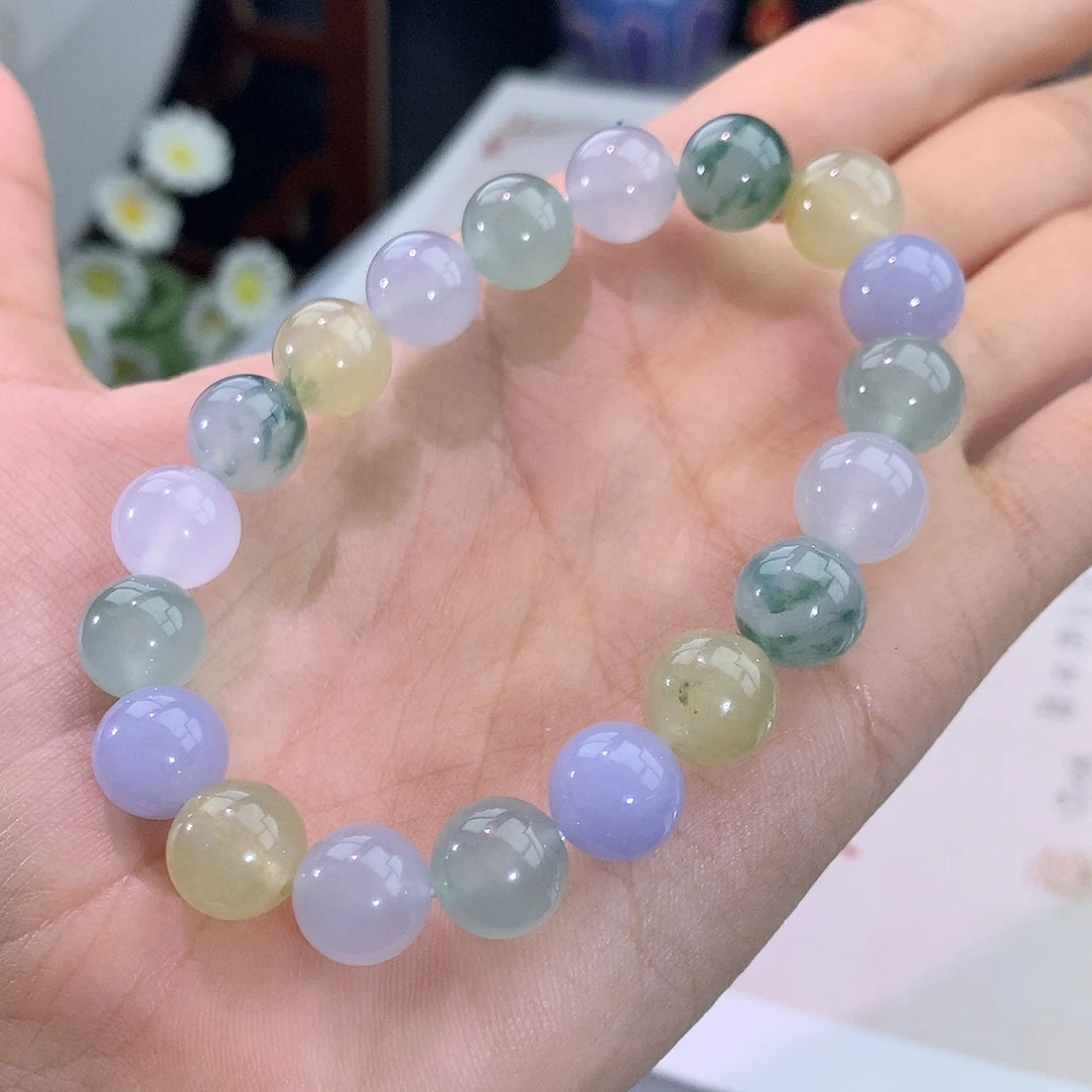翡翠未镶嵌手链冰种飘花多宝手串