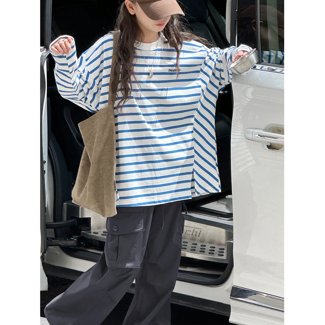 K28550孙小美复古条纹女童长袖T恤2025秋装新款上衣春秋打底衫潮t