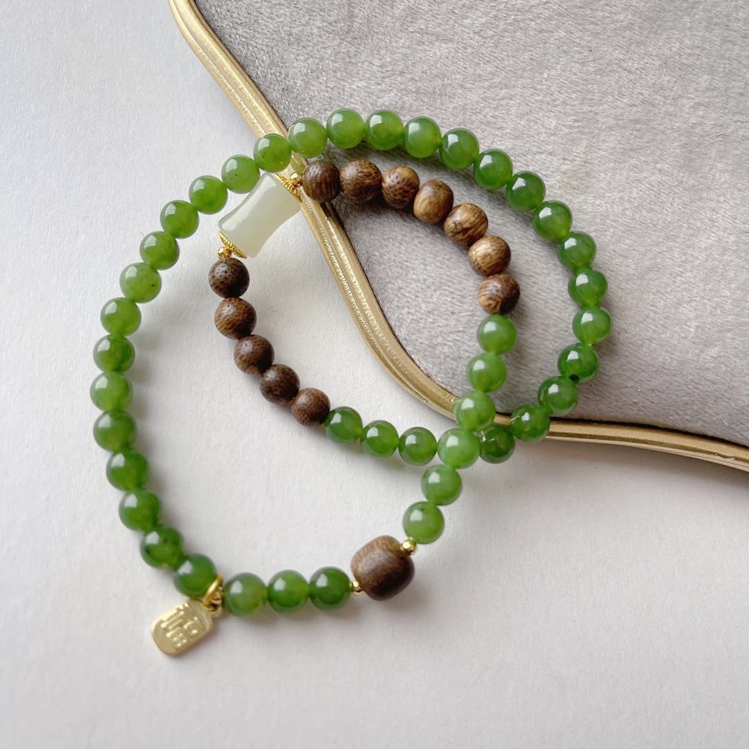 晶莹满楼【春季上新】±6mm和田玉碧玉双圈手链小众简约轻奢气质绿色