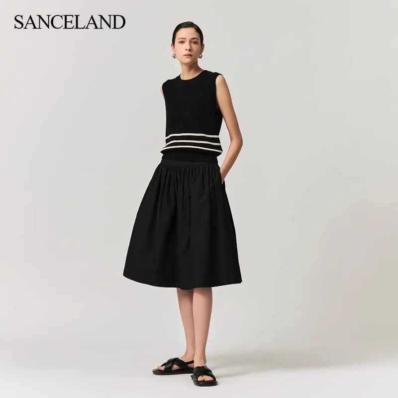 SANCELAND三石一澜新品薄棉黑色半身裙中高腰抽褶伞裙SI23101105