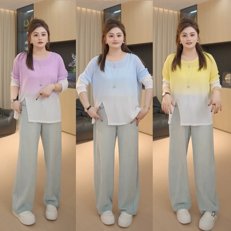 【胖佳佳】风铃轻语 长袖扎染针织衫渐变开叉上衣H625Z05302