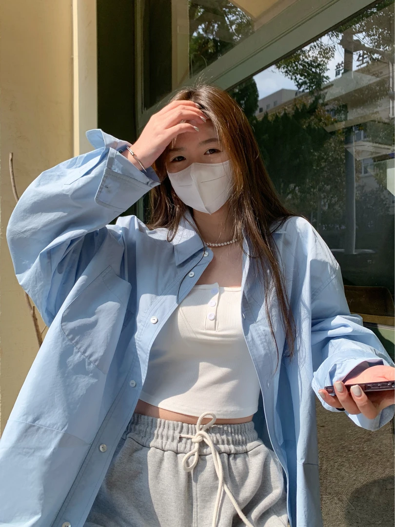 韩系高级感休闲蓝色长袖衬衫女春夏季新款宽松百搭外套中长款上衣