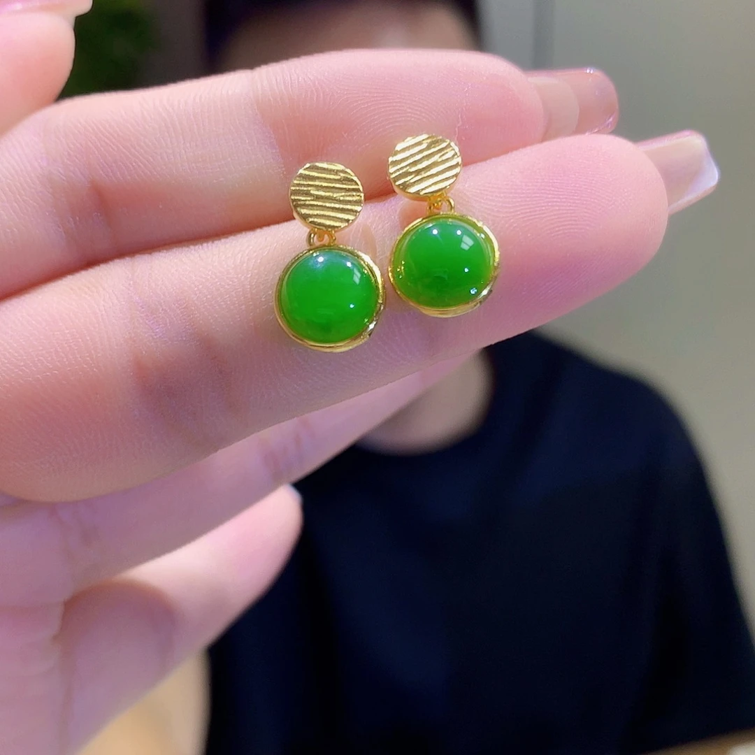 和田玉（碧玉）银S925镀金镶嵌耳饰