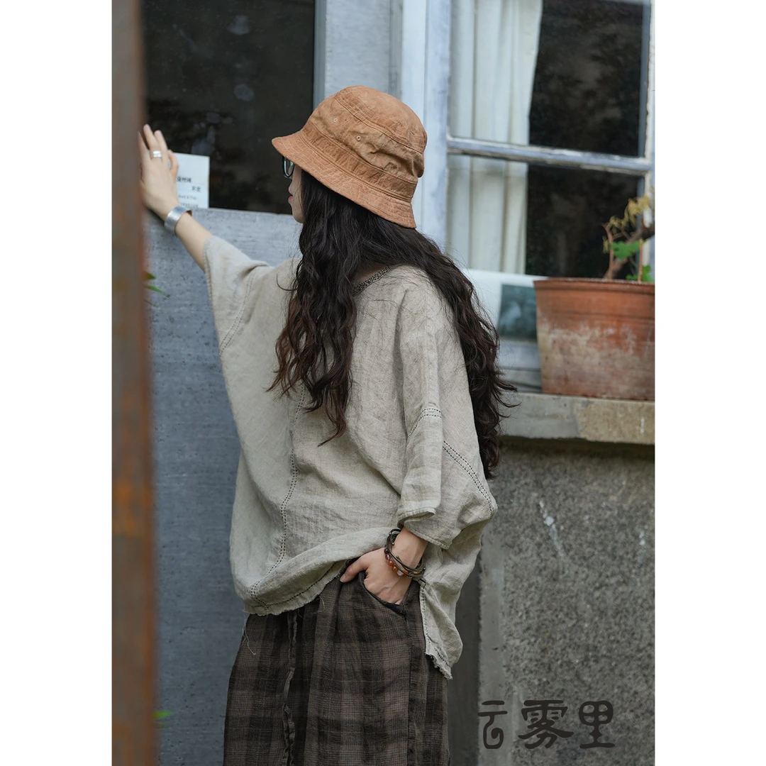 云雾里 原创设计复古文艺松弛感休闲植物染柿染亚麻渔夫帽 5088