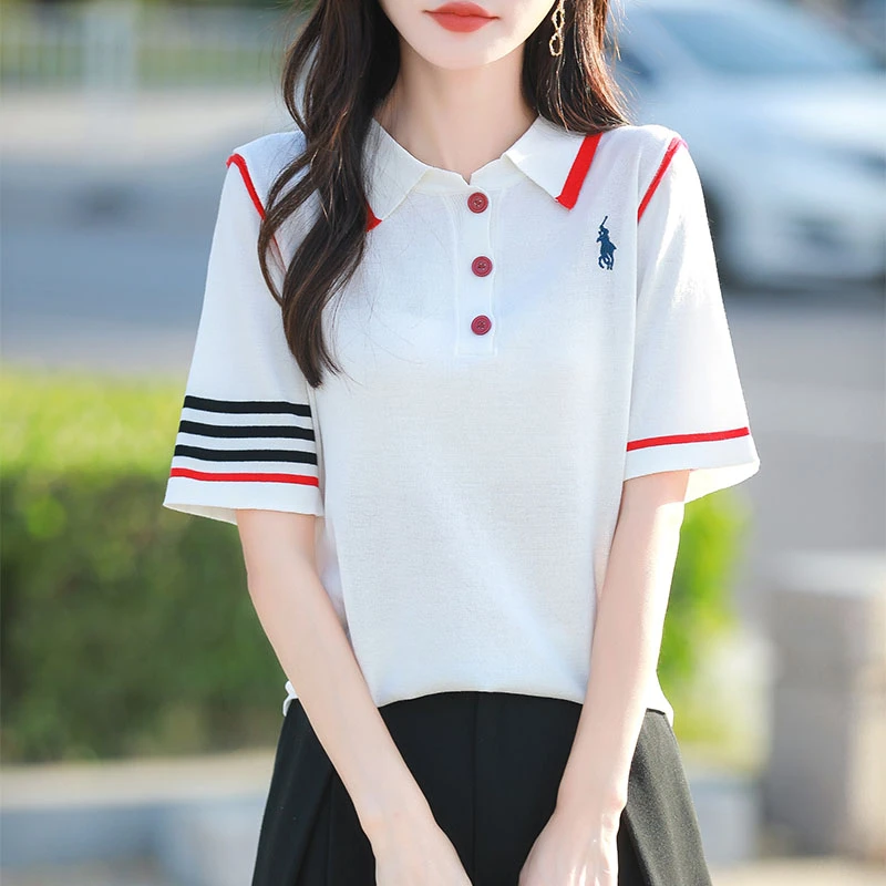 特大码夏季宽松条纹刺绣纽扣冰丝针织短袖t桖女时尚显瘦遮肚上衣