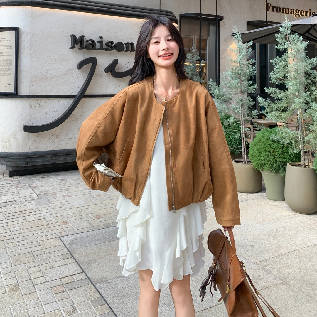 设计感短款鹿皮绒外套时尚气质常规纯色立领秋季女百搭休闲秋冬