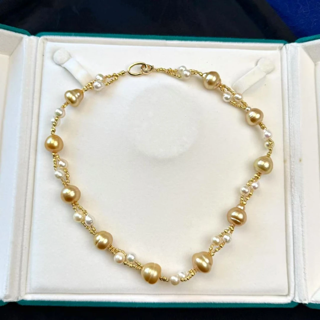 天然浓金色南洋金珠akoya海水珍珠项链设计款麻花扭扭链S925银