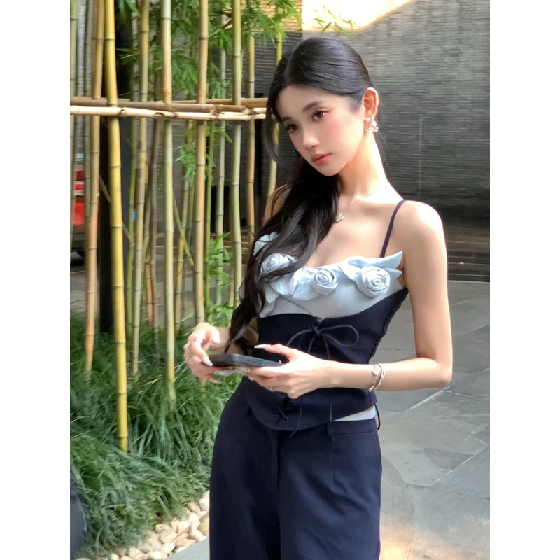 MARIE.COCO夏季法式浪漫山茶花设计感吊带上衣收腰气质性感阔腿裤