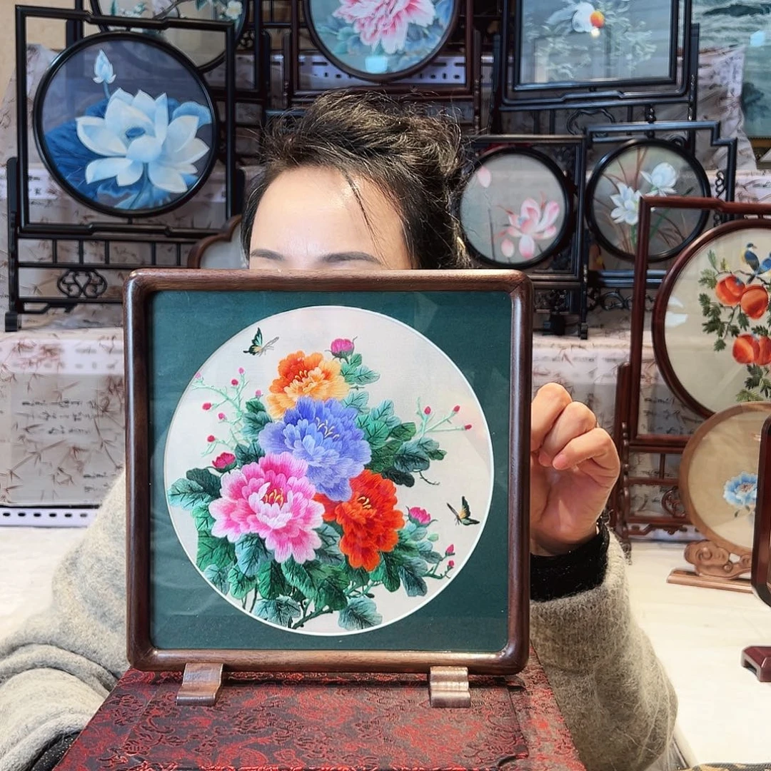 刺绣苏绣摆台胡桃木手工双面